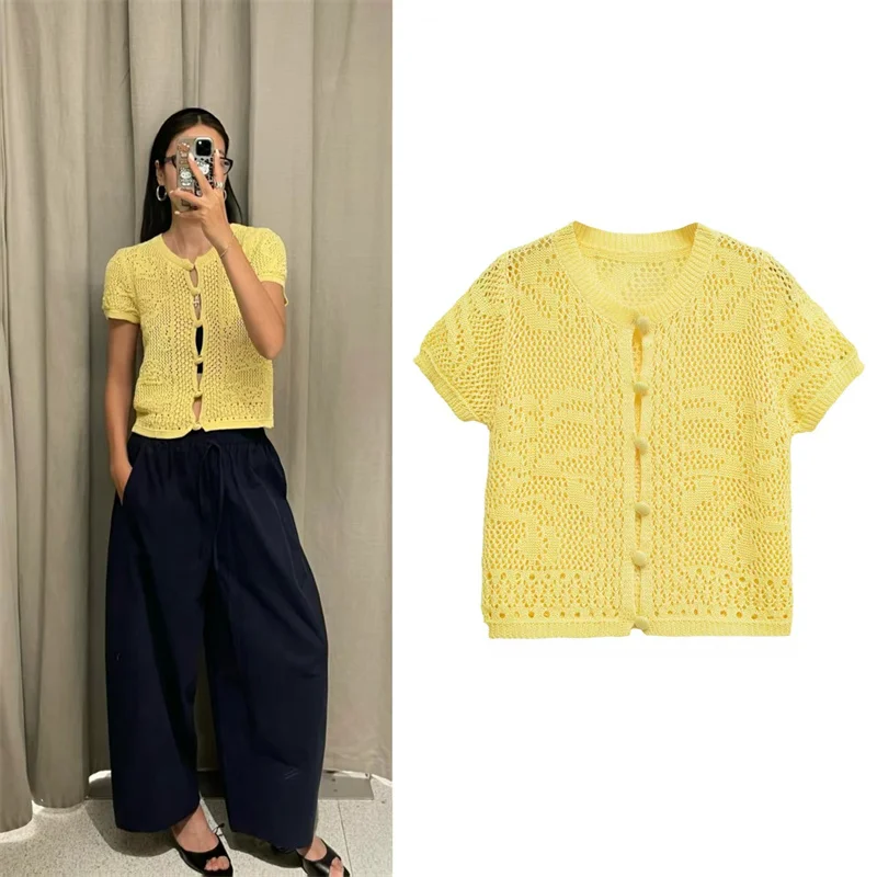 

Women's Cardigan Summer 2025 New Yellow Knitted Short Sleeve Cutout Design Cardigan Casual Fashion Personality Versatile