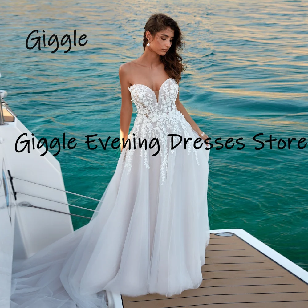 

Giggle Sexy Sweetheart Neckline Wedding Dress with 3D-flowers Backless Button Sweep Train Evening Dress vestidos para mujer