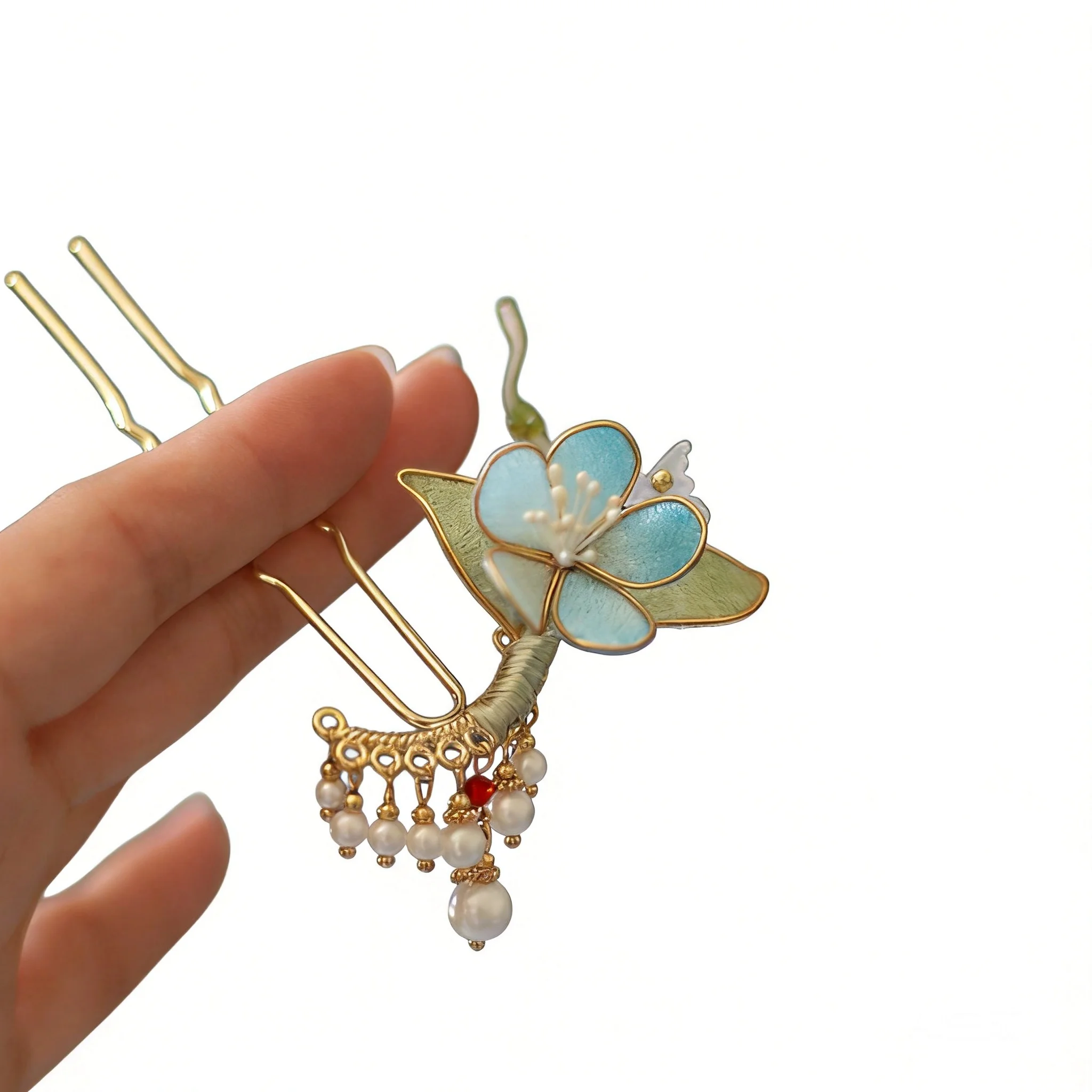Chinese Style Auspicious Vintage Handmade Filigree Flower U Shaped Hairpin With Pearl Tassel Traditional Hanfu Cheongsam Xiuhe