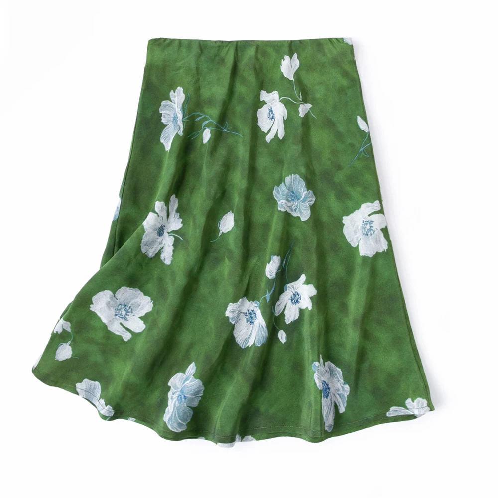2026 Women's Casual Summer New Slant Cut 100% Natural Mulberry Silk Crepe De Chine Green Printed Elastic Waist Bag Hip Skirt