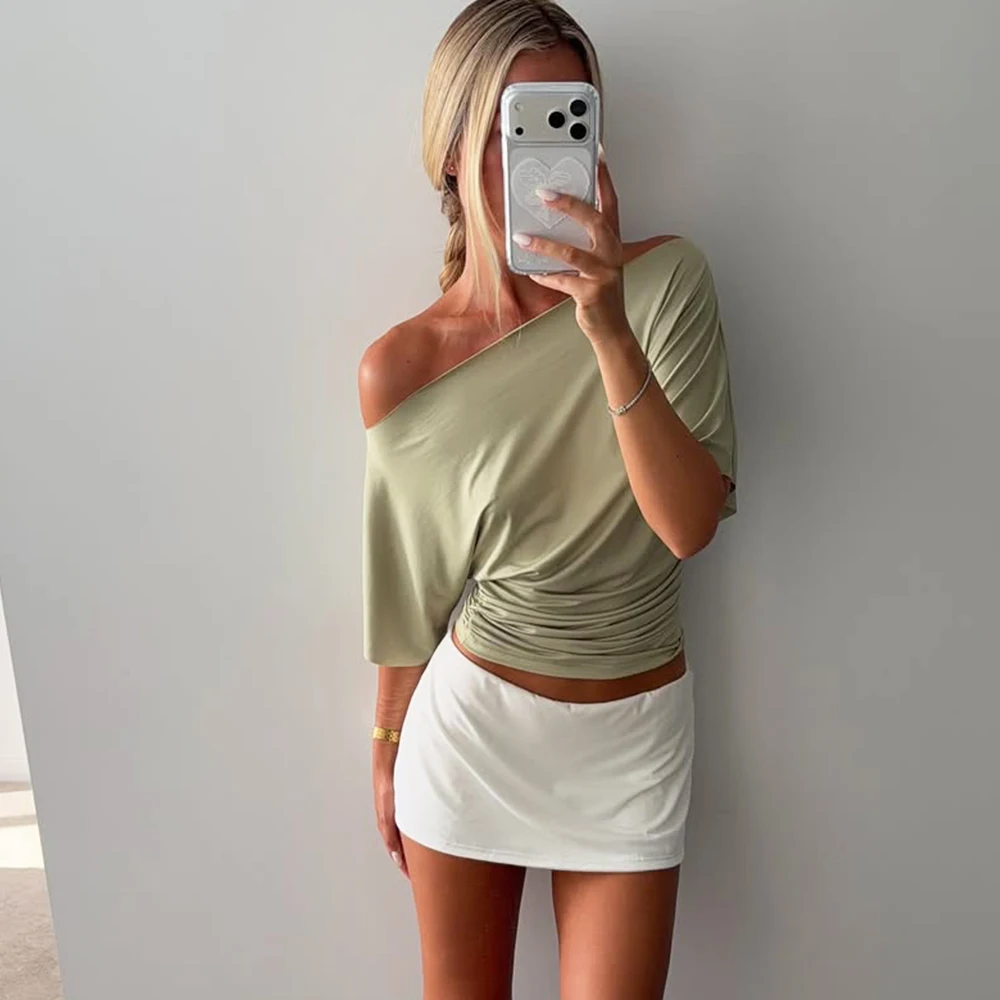 

Tuularose Solid Ruched Vest Top Women's Slanted Shoulders Short Sleeve Pullover T Shirt Lady Fashion Office Lady Slim Top Women