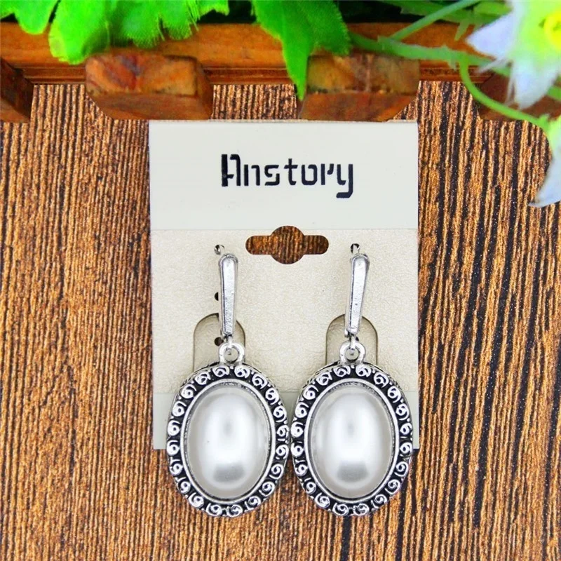 Big Oval Pearl Earrings For Women Vintage Antique Silver Plated Flower Pendant Fashion Jewelry