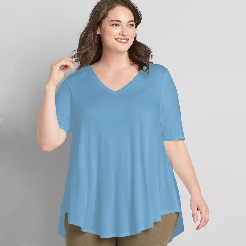 Plus Size V-neck Summer Casual Hi Low Tunic Tops Women Short Sleeve Fog Blue Loose Fit Flare Basic Swing Blouse And Top 7XL 8XL