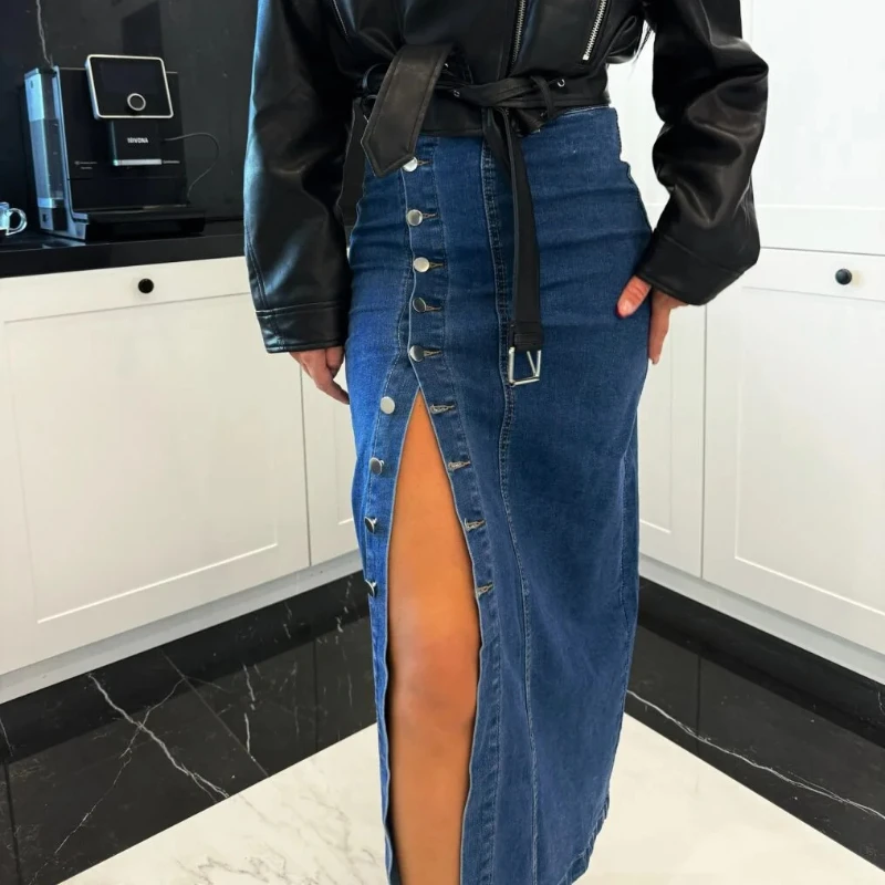 

Split Irregular High Waist Slim A Line Single Breasted Washed Distressed Sexy Long Skirts Street Wear Women Vintage Denim Skirt