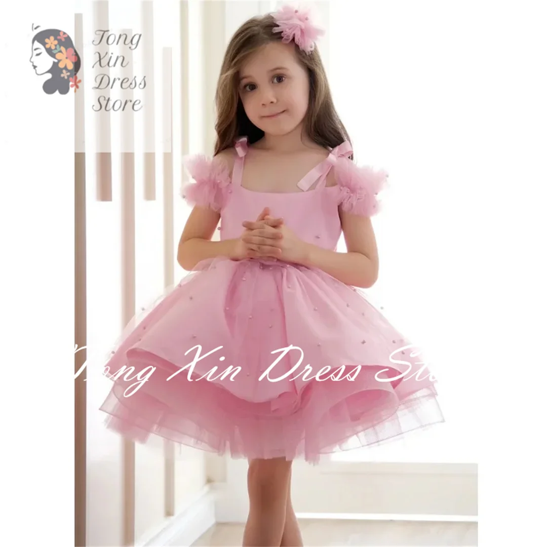 

Customized Flower Girl Dresses Pink Satin Tulle Puffy Pearls Short Sleeve For Wedding Birthday Princess Holy Communion Gowns