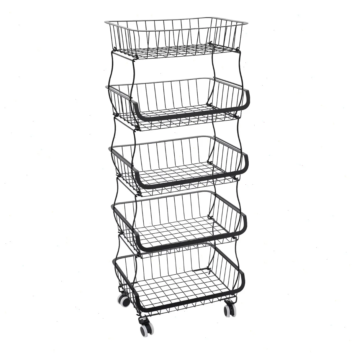 Étagère de cuisine, panier à légumes noir à 5 niveaux avec roulettes, panier à fruits en acier au carbone pour la cuisine, organisateur de garde-manger, gain de place