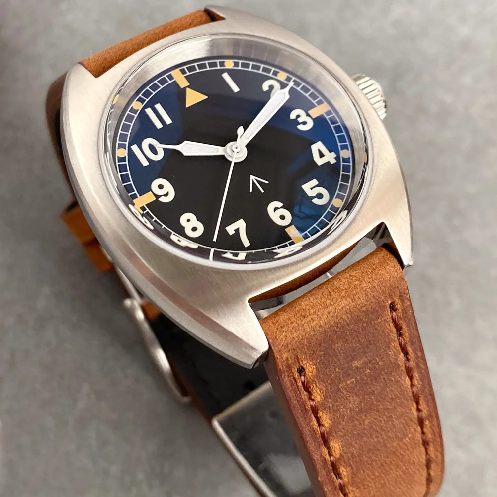 Tandorio NH35 Domed AR Sapphire 36mm Luminous Vintage Mechanical Watch Men 200M Diving Wristwatch Brown Leather Band