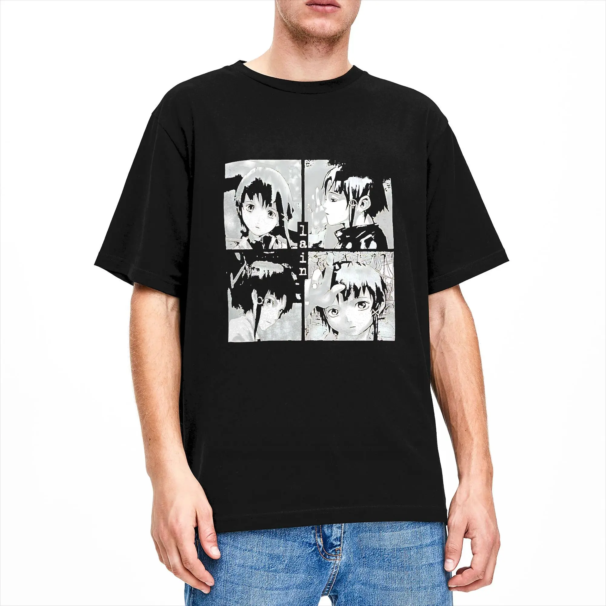 Men Serial Experiments Lain T-Shirts  100 Cotton Tops Summer Street Style Short-Sleeve T Shirt Crewneck Hip Hop Print Tee Shirt