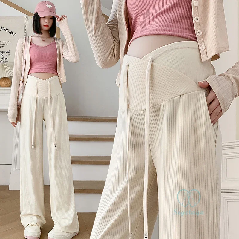 

Drawstring Across V Low Waist Belly Maternity Pants 2024 Spring New Fashion Straight Clothes for Pregnant Women During Pregnancy