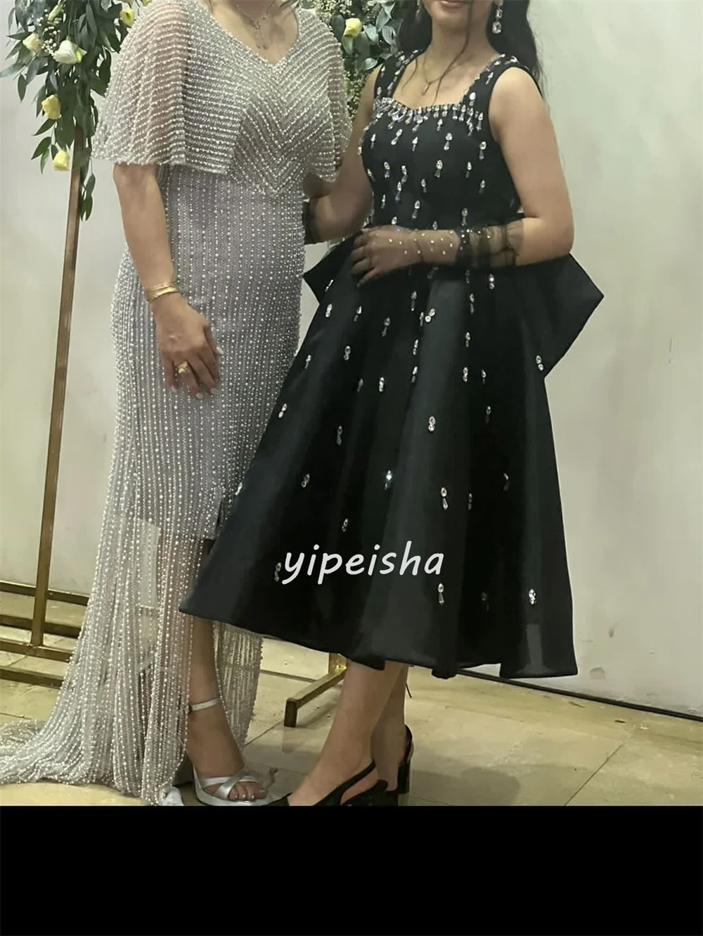Customized Modern Style Fashion Charmeuse Rhinestone Bow A-line Square Neck Tea Length Dresses Bespoke Occasion Dresses Matching image 4
