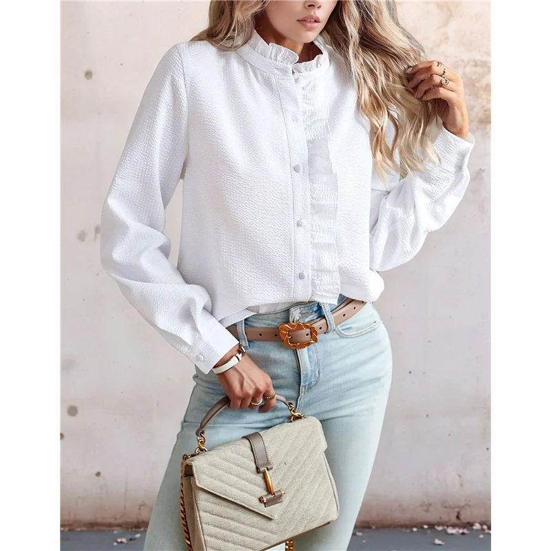 

ABRT-Women's Striped Button Front Shirts Mock Neck Long Sleeve Office Blouse Tops