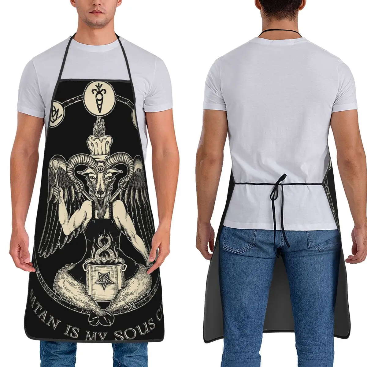 Satan Is My Sous Chef Chef Baphomet Apron Chef Baking Tablier Sleeveless Bib Kitchen Cleaning Pinafore for Women Men Gardening