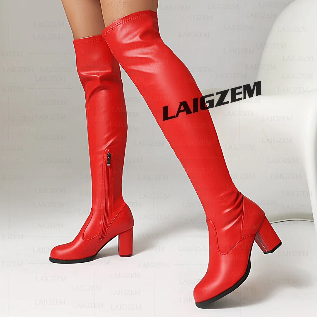 

LAIGZEM Женские сапоги выше колена Сапоги на толстом каблуке 7,5 см Боковая молния Женская обувь ручной работы Женская обувь Большие размеры 41 43 45 48