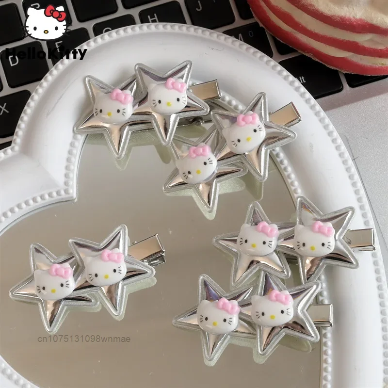 10 Pcs/Set Sanrio Hello Kitty Cute Silver Stars Shaped Hair Clips for Women Y2K Spicy Girl Sweet Hairpins Headwear Accessories