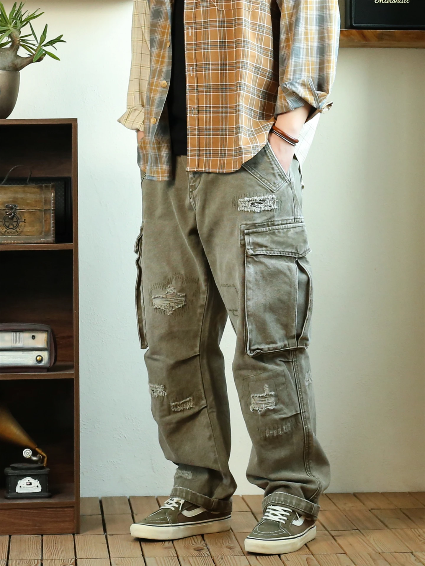 

Утепленные рабочие брюки из канваса, свободные, прямого кроя, мужские, осенне-зимние, модные, в японском ретро-стиле, повседневные, с большими карманами