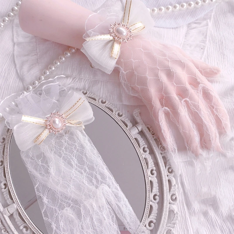 1Pair Lace Gloves for Women Mesh Ruffle Lace Ornament Bows Pearl Cute Elegant Gloves for Wedding Dinner Cosplay Party Props