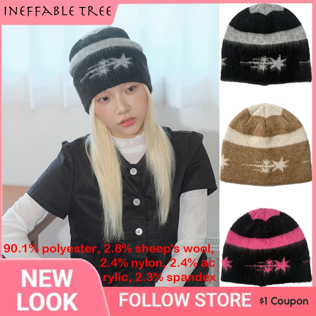 0.28 Sheep's Wool Star Patterned Beanie Hats for Women Elastic Edge Curl Knitted Hat Ear Protection Brimless Slouchy Caps Gorro