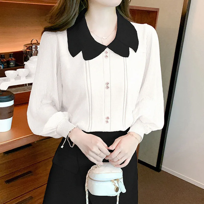 Sweet Fashion Peter Pan Collar Spliced Knitted Tops for Female Autumn Elegant Thin Contrast Color Sweaters Women\'s Clothing