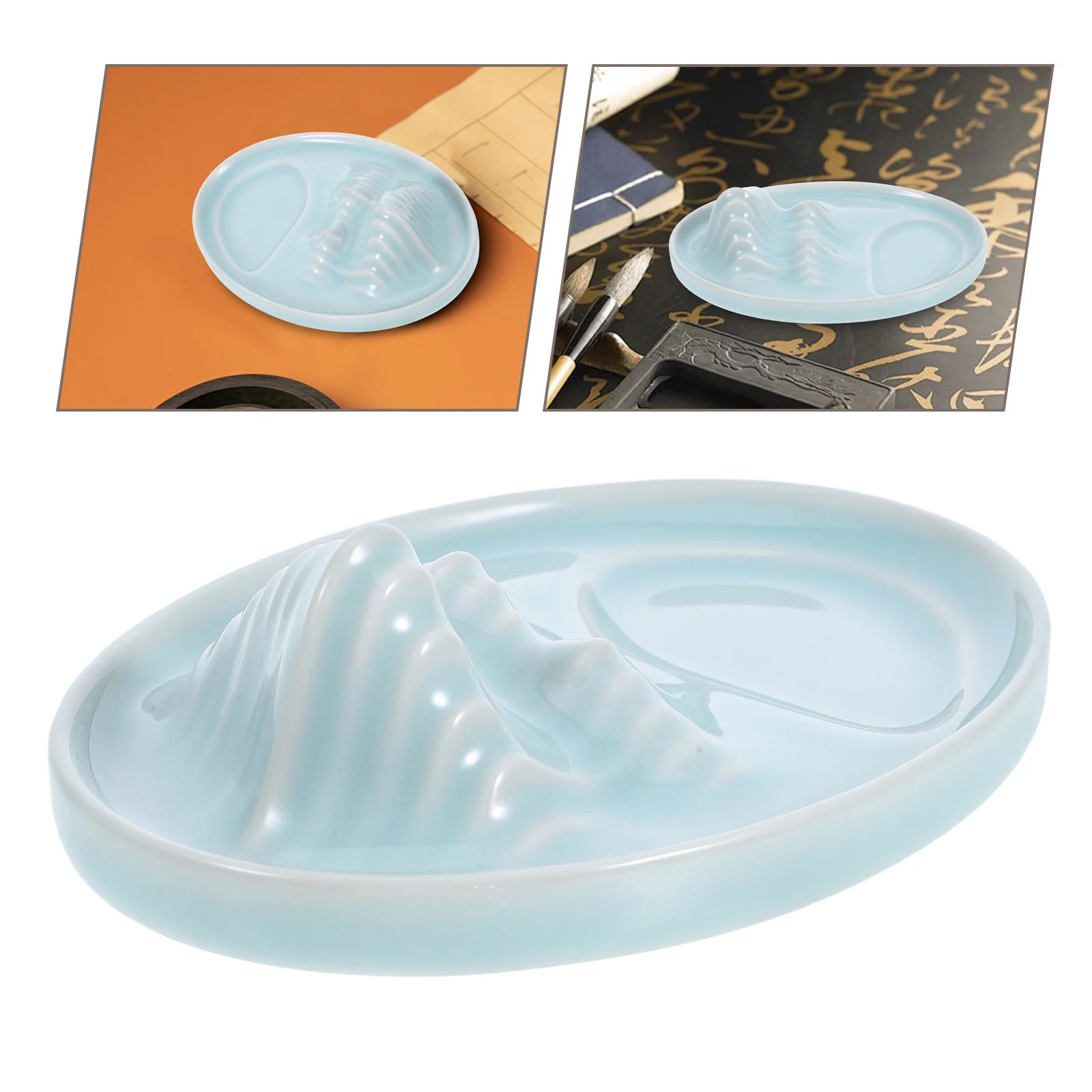 

Porcelain Ink Dish Blue Multi Functional Ceramic Calligraphy Ink Well Brush Rest Holder for Chinese Painting and Sumi Wash Tools