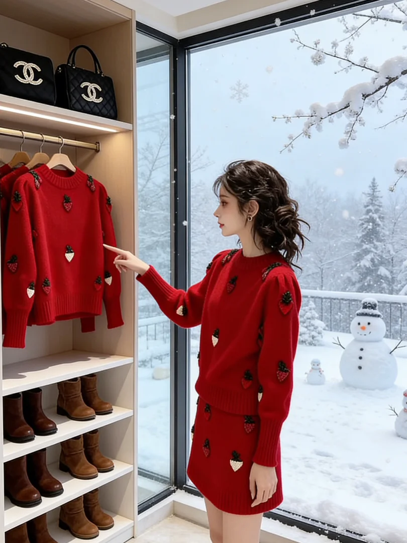 

Chic Korean Sle Winter Faion Set Loose Lazy Ele ort Sve Long Pants High Waist round Ne Print Pattern Adult Cas...