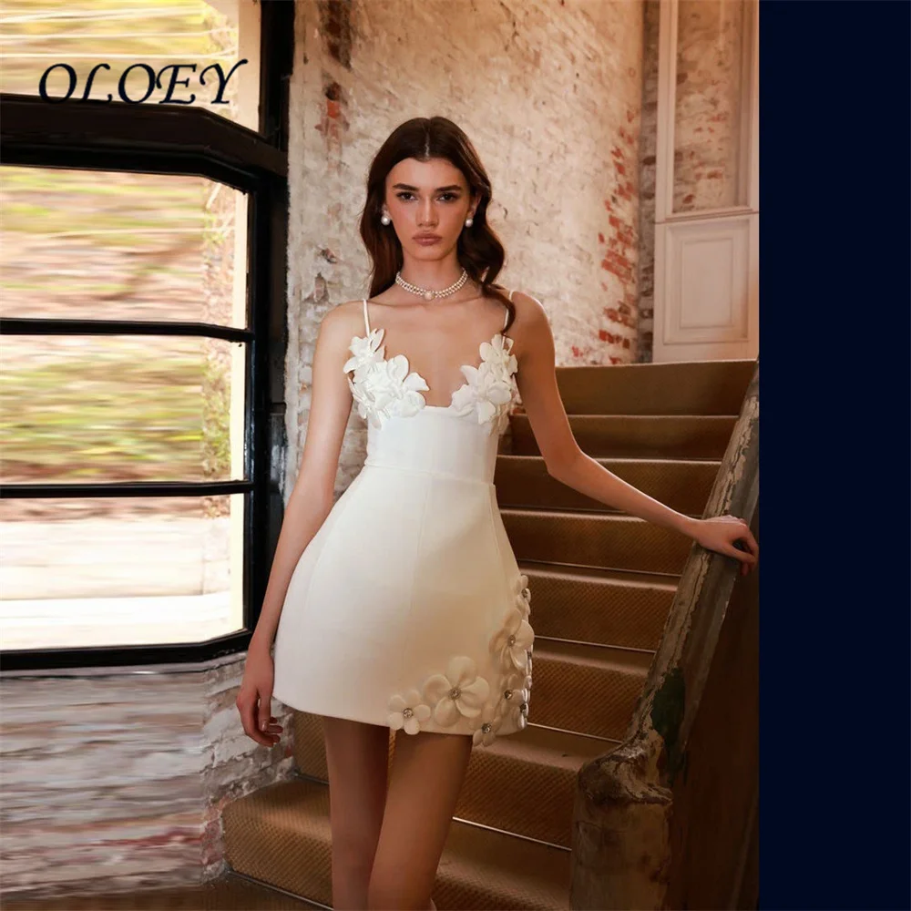 OLOEY Deep V Neck Strap Dress Bodycon Short Skirt with 3D Flower Decoration Party Evening Gown Sexy Style Robe Mariée Vintage
