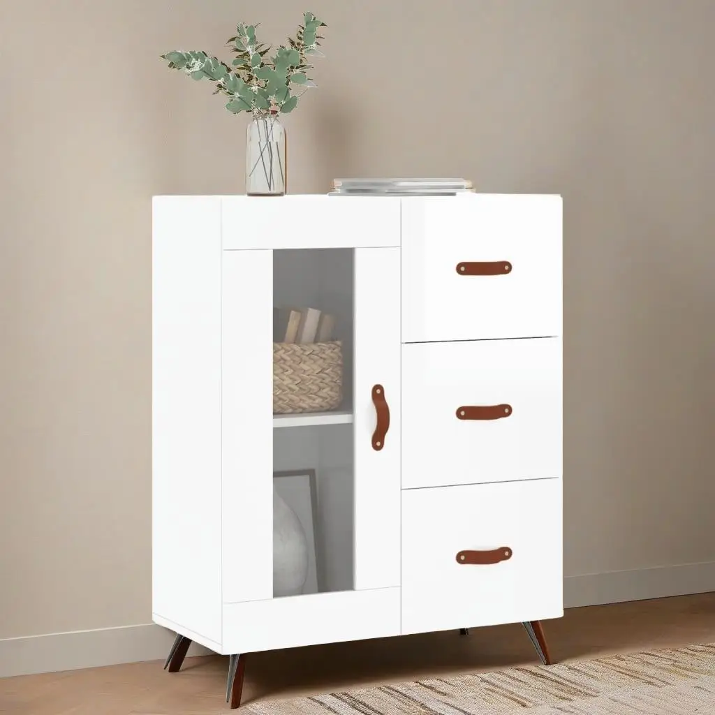 Modern High Gloss White Sideboard Cabinet - 69.5x34x90 cm, Stylish Engineered Wood Storage Solution