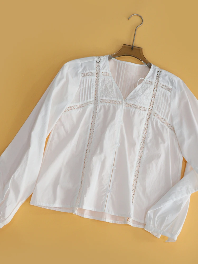 

Ele Hollow out Embroidery Splice V-Ne Long Sve White irt Versatile French Sle Cotton Breathable Women's Busin...