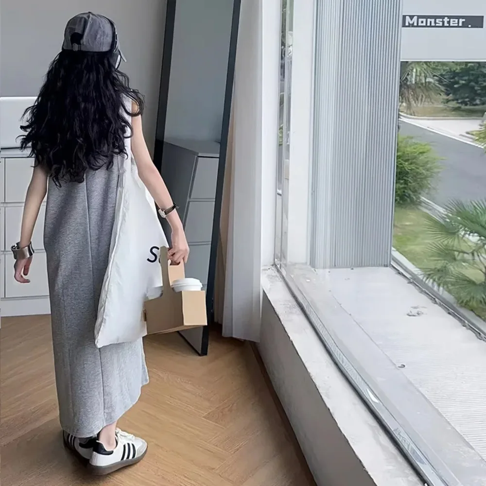Teens Girls Dress Summer Knit T-Shirt Dress Fake Two-Piece Patchwork Vest Long Casual Dress for Kids Stylish Children Clothes