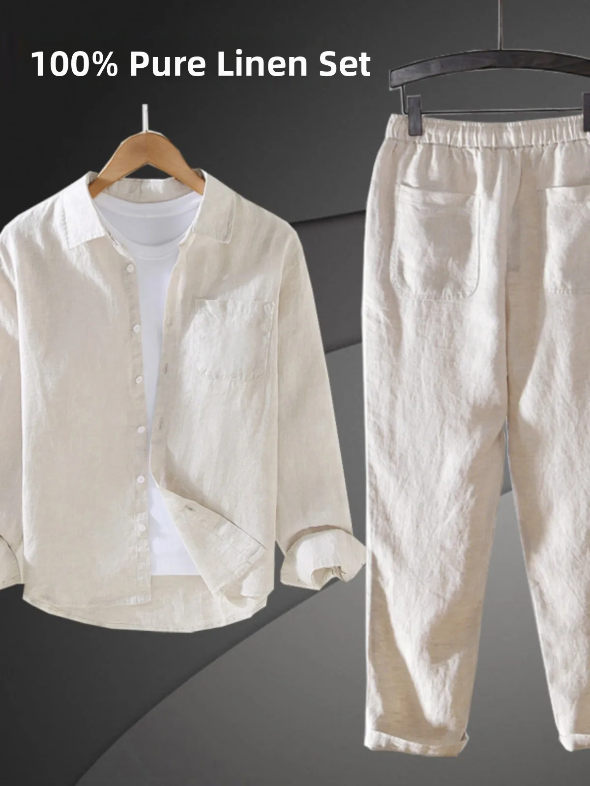 Pure Linen Cotton Linen Casual Long Sve Men's irt Full Linen Material Clothing Set Youth Spring Autumn Winter Seasonal Wear