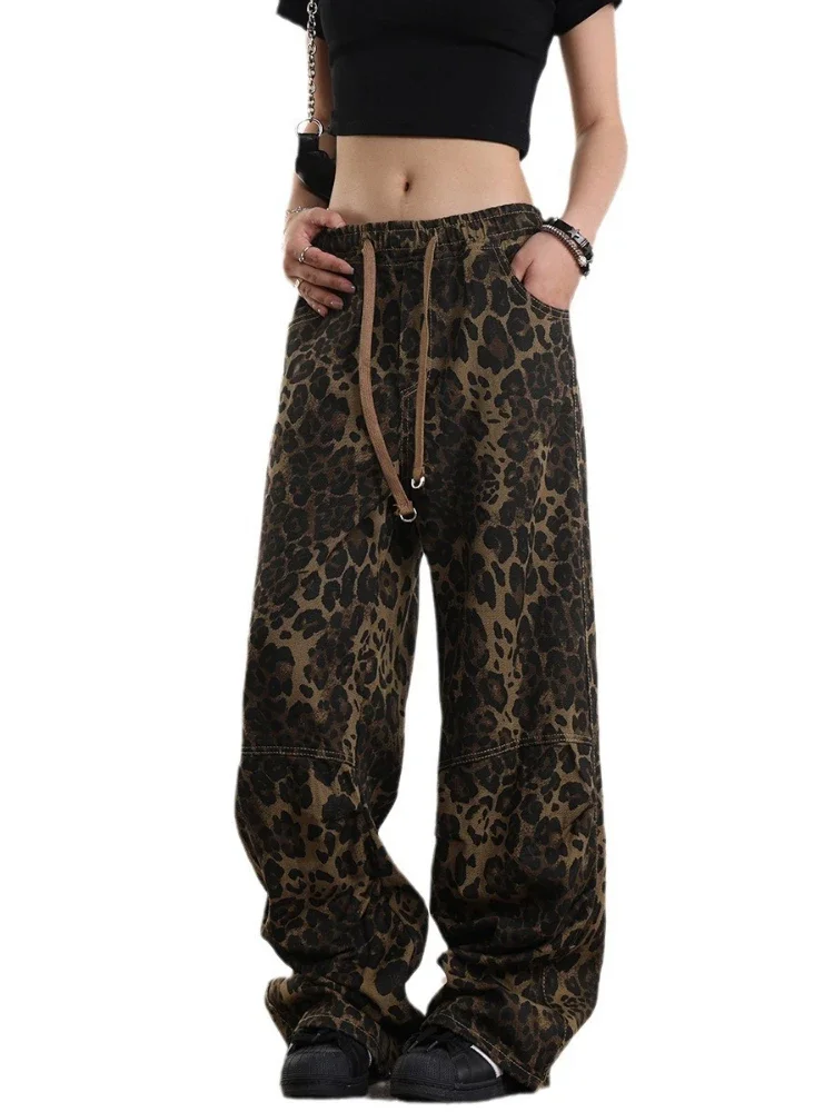 جديد الهيب هوب ليوبارد طباعة بنطال ذو قصة أرجل واسعة للنساء الخريف فضفاض مستقيم بنطلون عالية الخصر الرباط كل مباراة ​ بانتالون فام