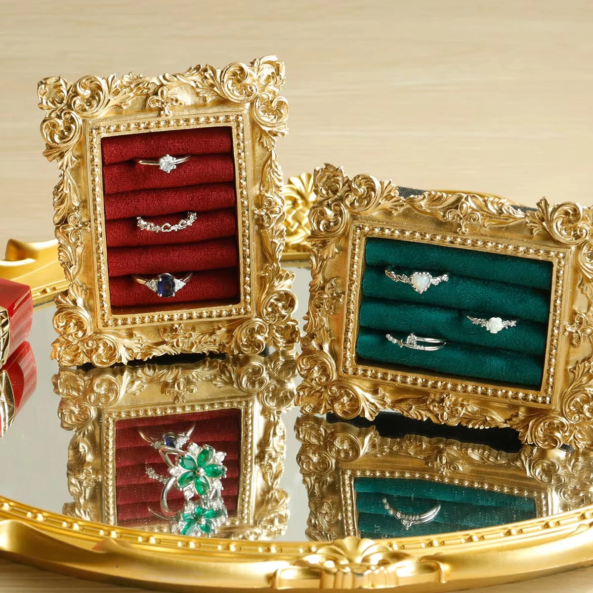 

Golden vintage embossed ring jewelry tray, elegant French retro-style luxury home jewelry display stand