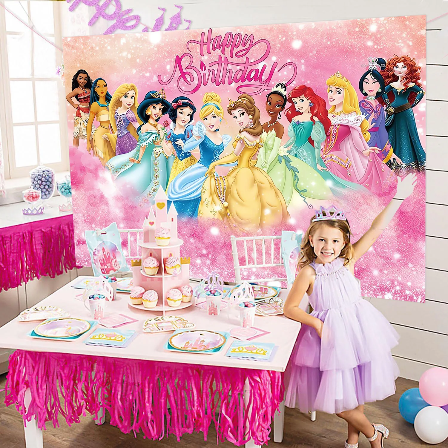 Fondali per feste Disney Princess sfondi per decorazioni fondali per riprese fotografiche in vinile per forniture per feste di compleanno per ragazze