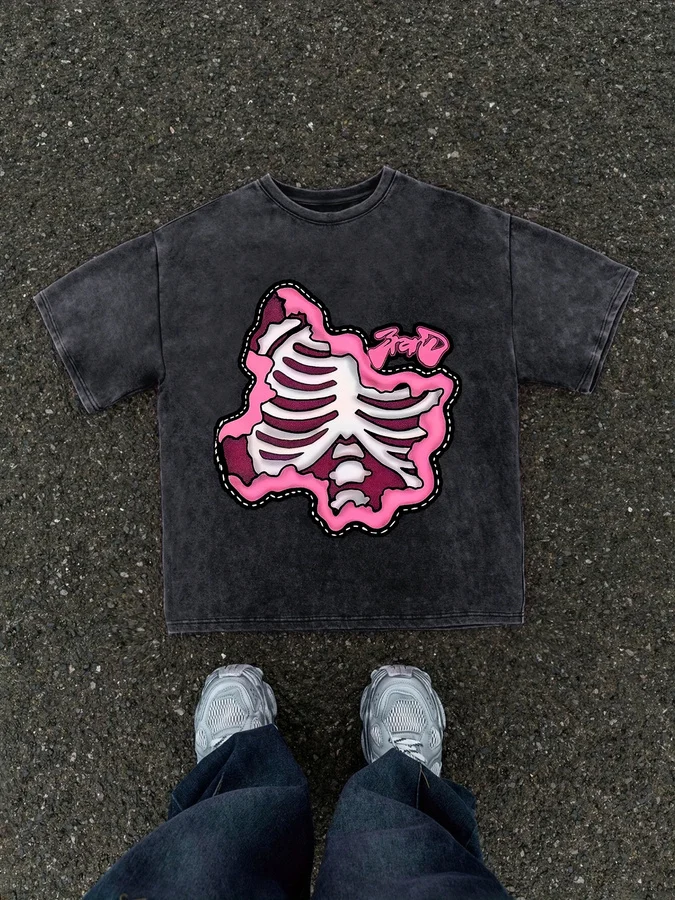 Pink Skeleton Rib Cage Graphic Tee Men Summer Fashion Ripped Bones Printed T Shirt Heavyweight Acid Wash Black Streetwear Tops Plus Size
