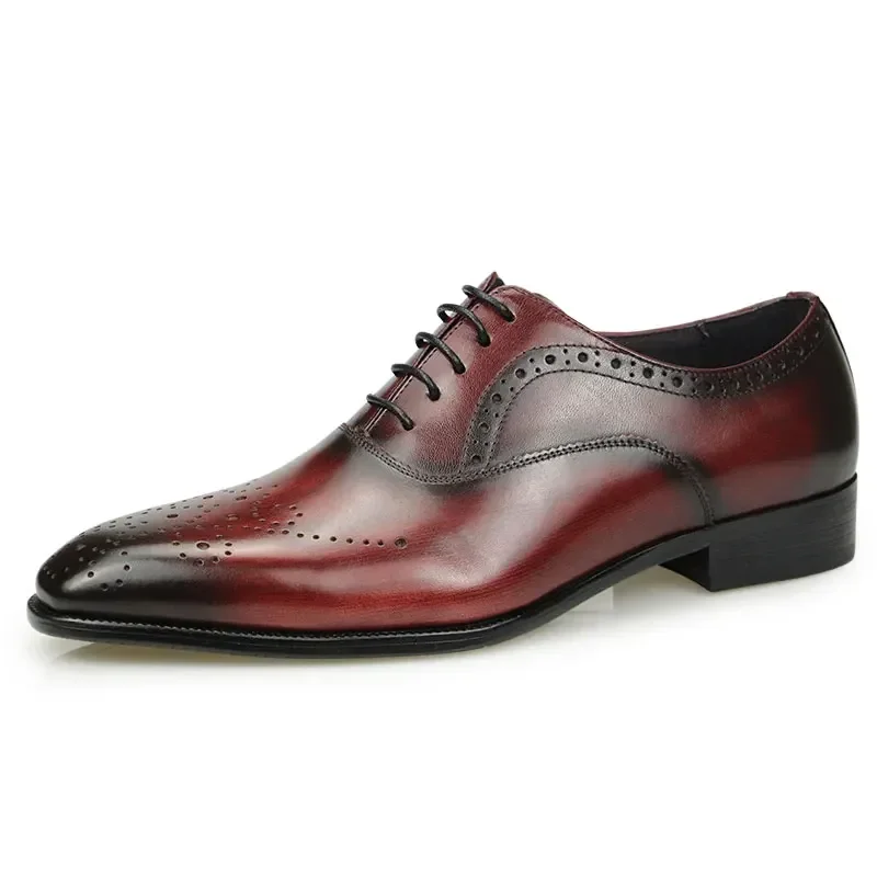 Luxury Dress Genuine Leather Shoes Mens Business Office Work Brogues High Quality Comfortable Formal Wedding Shoe Black&Wine Red