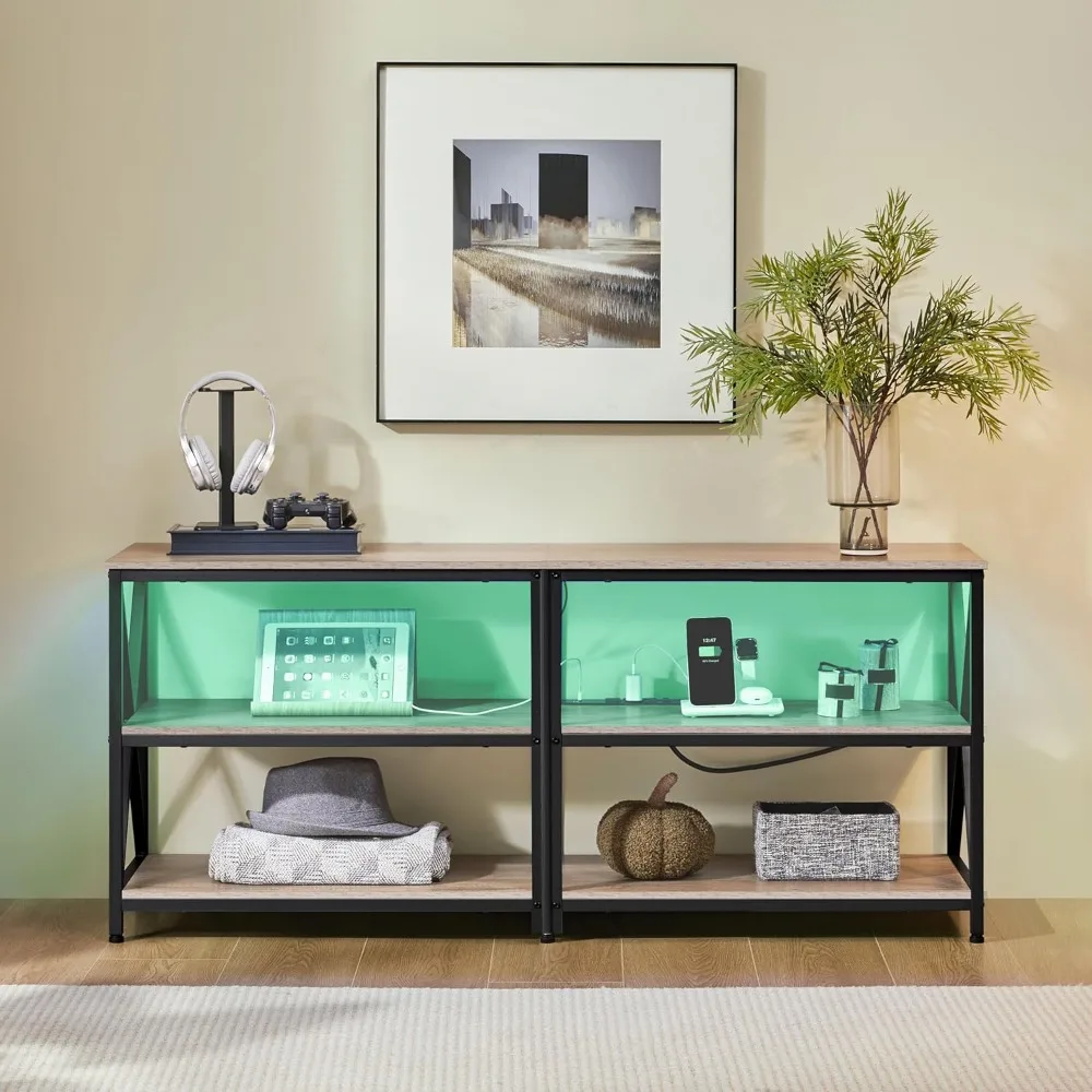 Centro de entretenimento de estilo industrial com luzes LED e tomada de energia para TVs de 65 polegadas, console de TV de 3 camadas