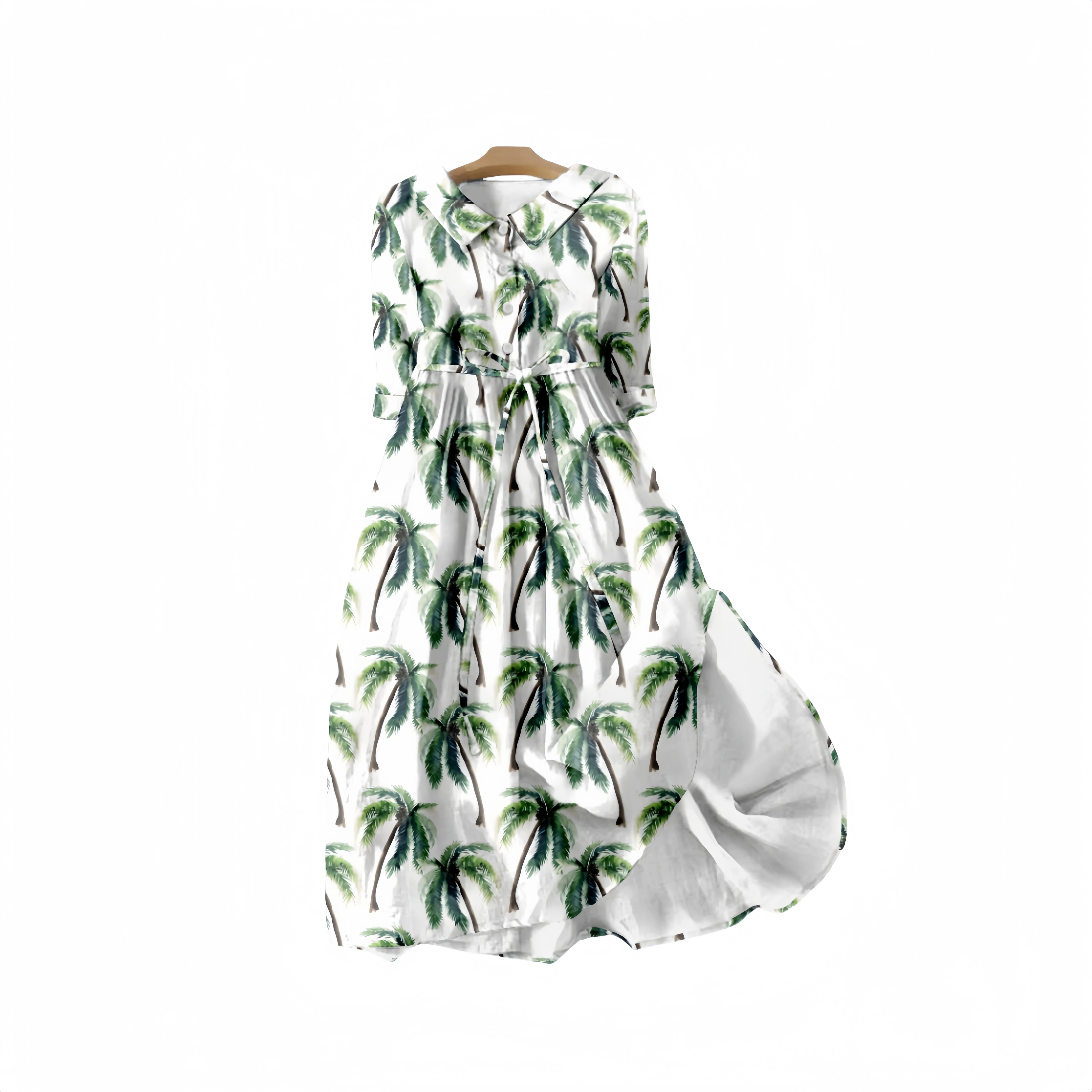 Hawaiian Beach Coconut Trees Patttem Vacation Women's V Neck Swing Long Dress Floral Short Sleeve Waist Flowy Party Dress