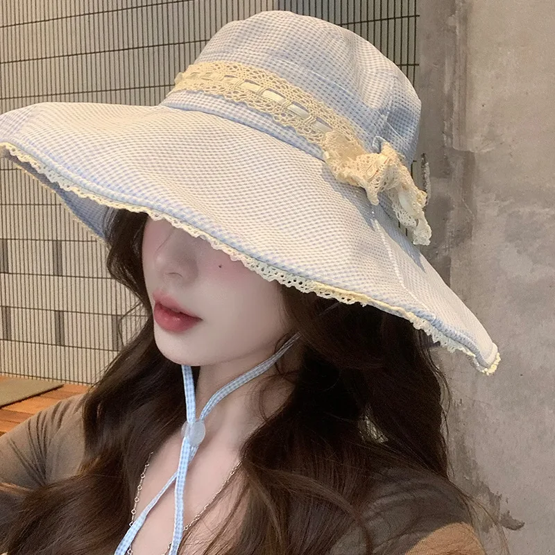 Small Fresh Blue Plaid Bow Bucket Hat Women's Spring and Summer Big Brim Sunscreen Hat Sun Hat