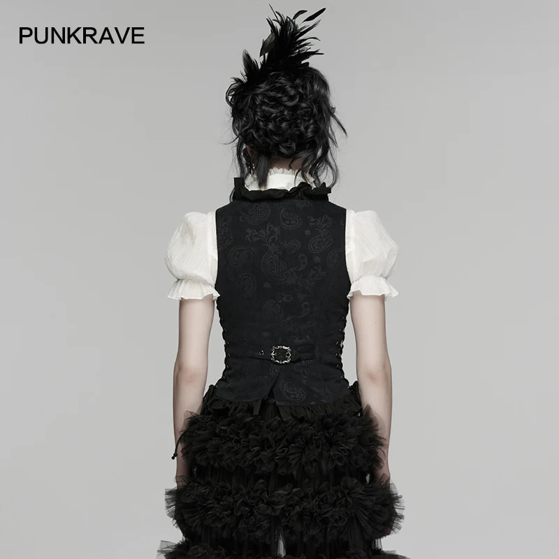 PUNK RAVE Women's Gothic Ruffle Drawstring Vest Printed Twill Cotton Knitted V-neck Zipper Chain Buckle Adjustable Waist Top