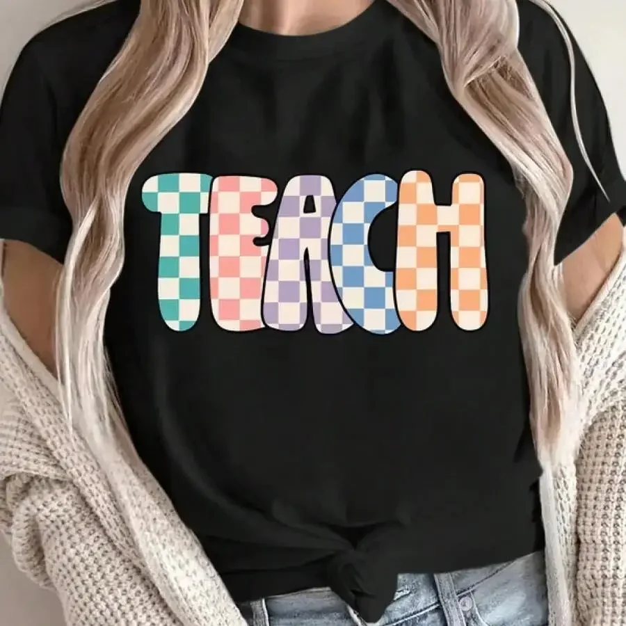 Women's 'TEACH' Graphic Print Colorful Checkered Design T‑Shirt Crew Neck Short Sleeve Casual Tee Top Cheap Clothes for Ladies