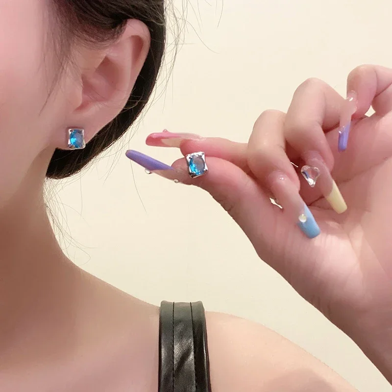 Minimalism Geometric Water Droplet Elliptic Type Square Ocean Blue Zircon Stud Earring for Women Fashion Jewelry Wholesale Party