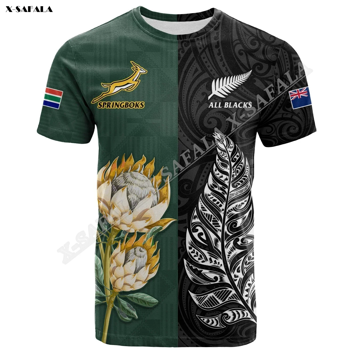 South Africa New Zealand Rugby Go Springboks VS All Blacks Breathable 3D Print For Men T-Shirt Top Tee Short Sleeve Milk Fiber