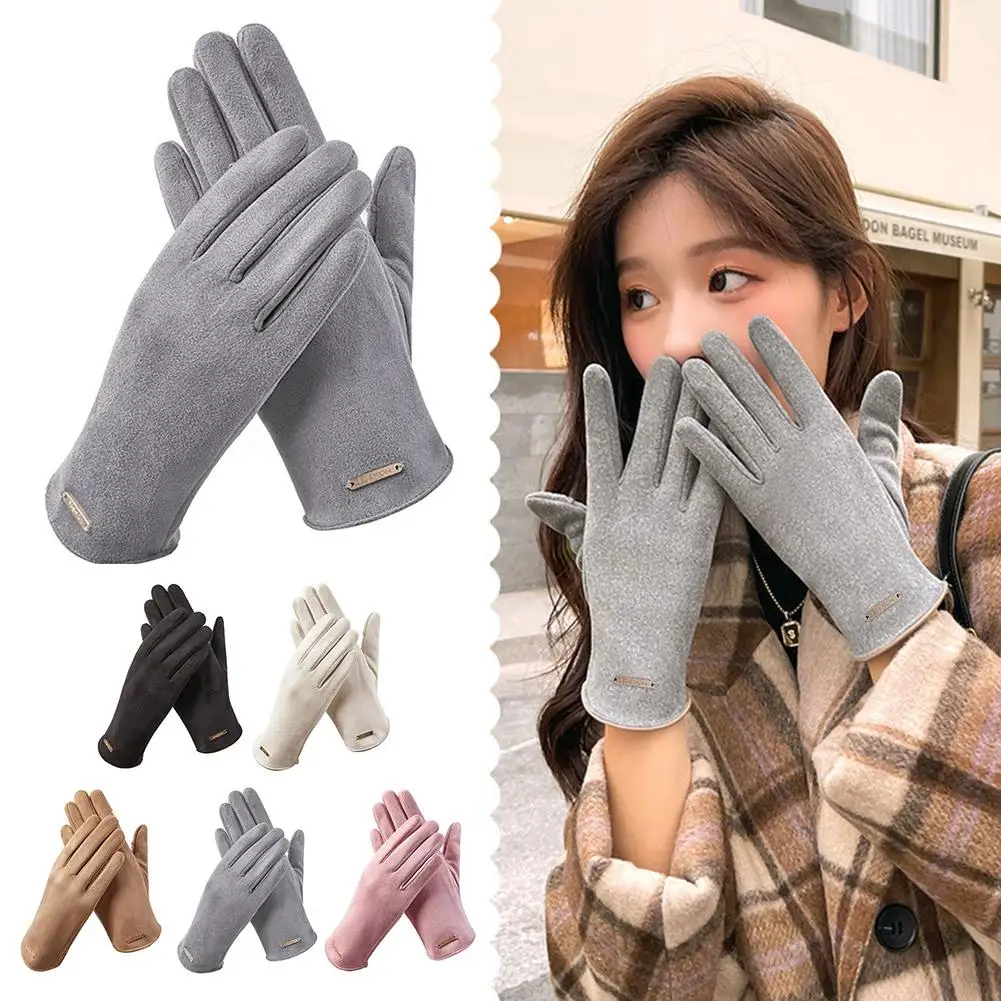 Guantes elegantes de pantalla táctil para mujer, manoplas de tela fina y cálida, Cachemira, gamuza sólida, conducción, invierno, Otoño, W0N1