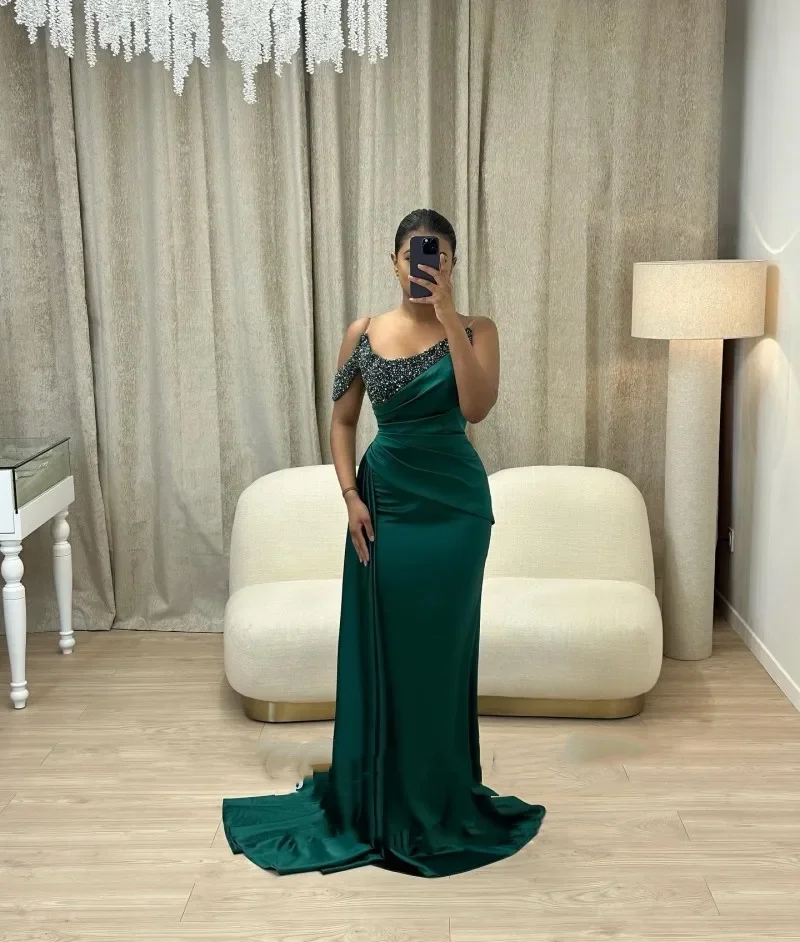 

Flavinke Green Satin Strapless Mermaid Evening Dresses for Wedding Scoop Beaded Prom Gowns Celebrity Party Dress robes de soirée