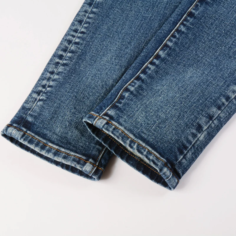 Y2K fashion new men's blue jeans washed nostalgic perforated blue leather patch elastic slim fit jeans hip-hop brand pants
