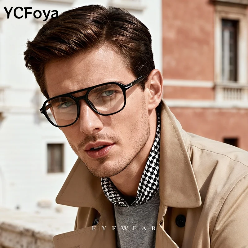 

YCFoya New Retro Classic Double Beam TR Acetate Fiber Eyeglasses Frame Unisex Myopia Optical Prescription Glasses F32203