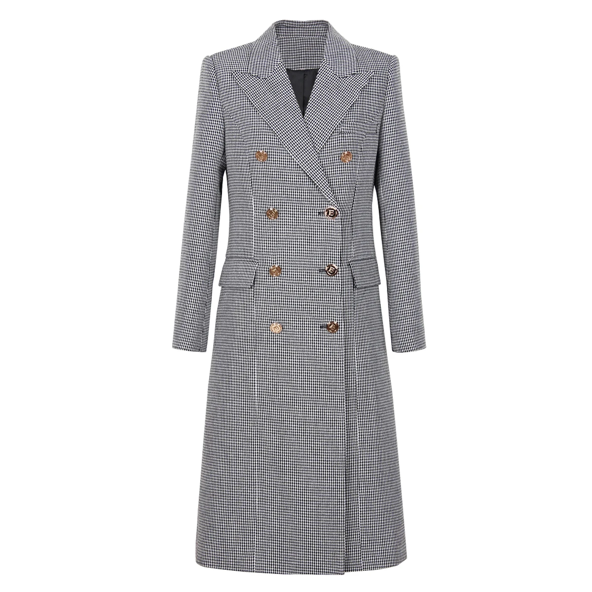 Spring And Autumn New High Quality Classic Collar Long Sleeve Double Breasted Thousand Bird Grid Coat Coat Windbreaker