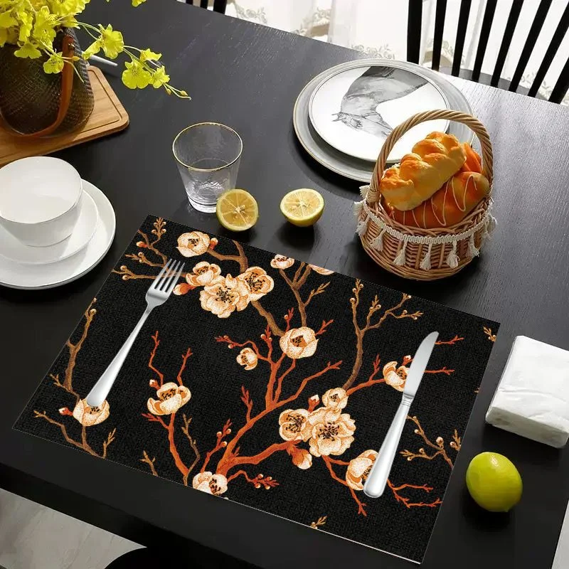 VIKAMA Placemat Black Orange Flowers White Bloom, Waterproof Oil-Proof Heat-Resistant Dining Table Mat for Home
