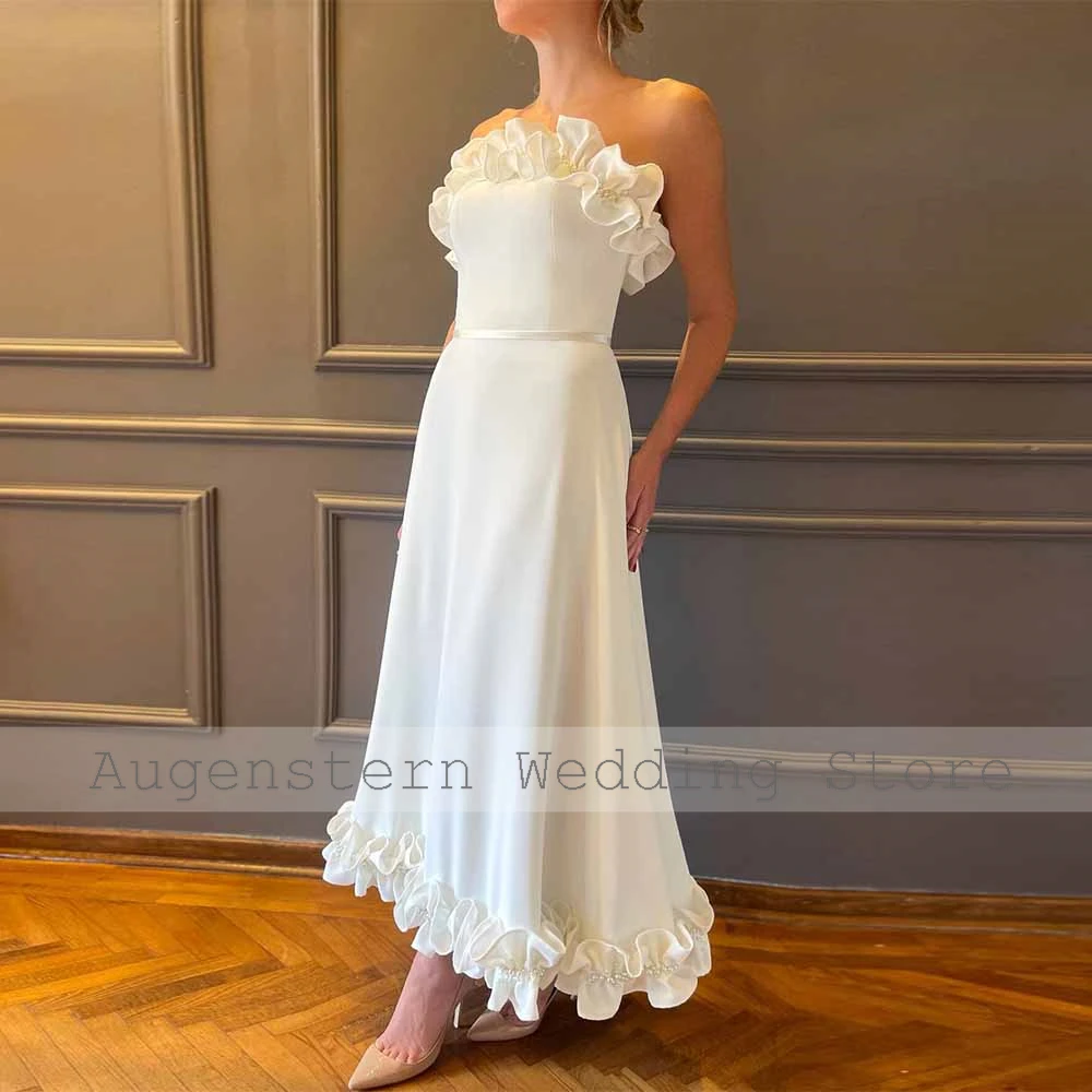 Anniversary Midi Wedding Dresses Satin A-line Engagement Dress Ivory Strapless Ruffles Pearls Modern Wedding Party Gown 2025