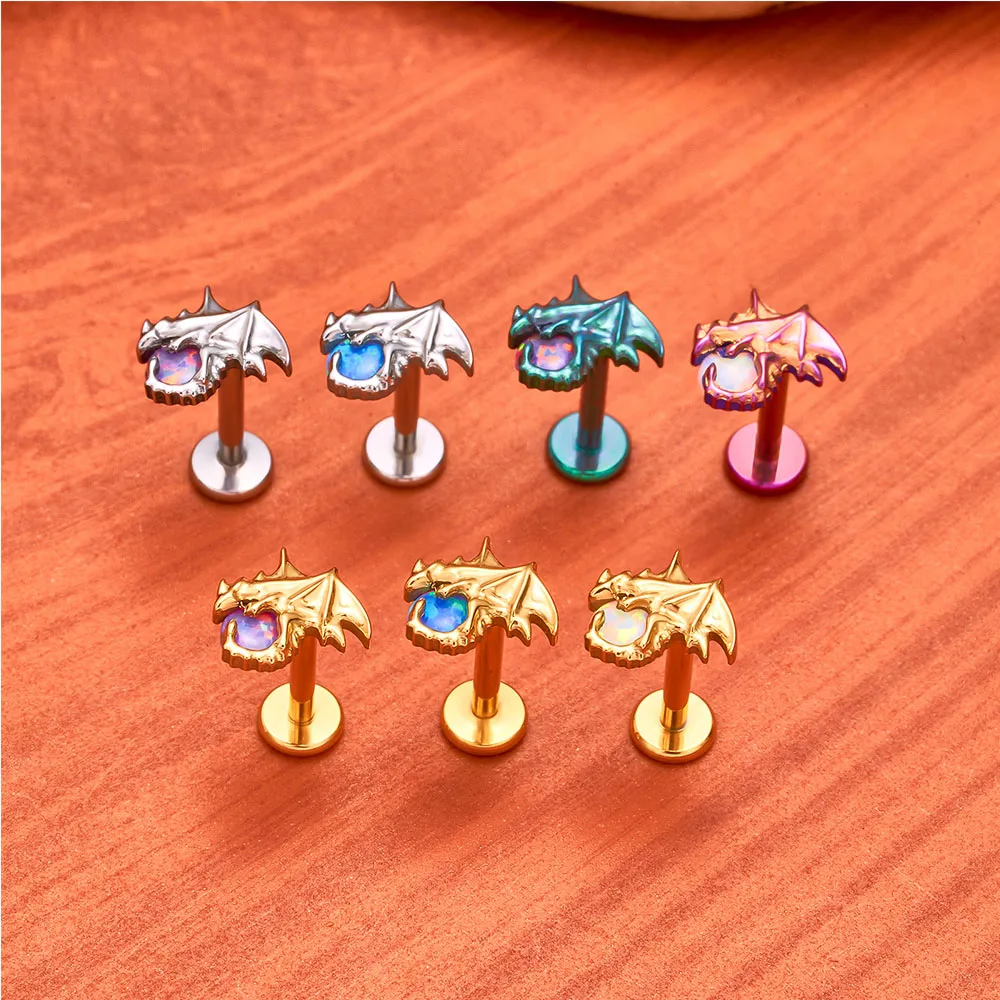 G23 F136 Titanium Internal Thread Small Dinosaur Ear Cartilage Nail Opal Vacuum Gold-Plated 16G Ear Nail Perforated Jewelry