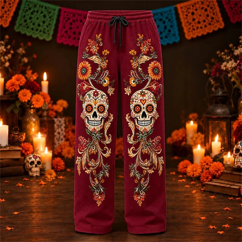 Men's Retro Casual Wide-Leg Pants for Autumn Skull Floral Print Drawstring Trousers Street-Style Bottoms for Holiday Parties